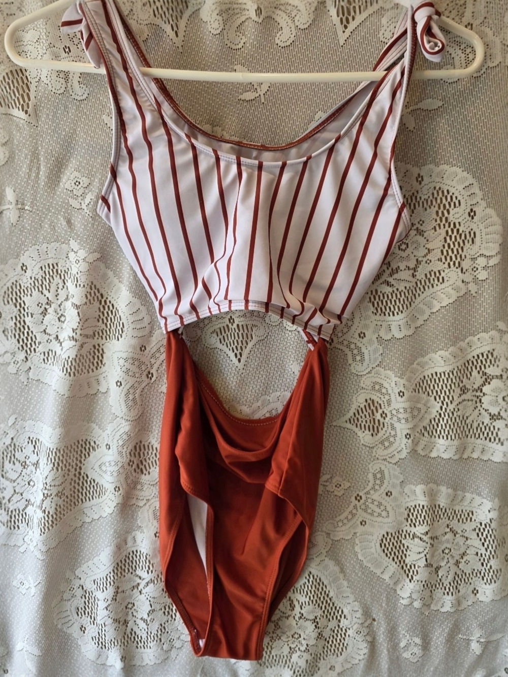 White and Rust Striped One-Piece Swimsuit